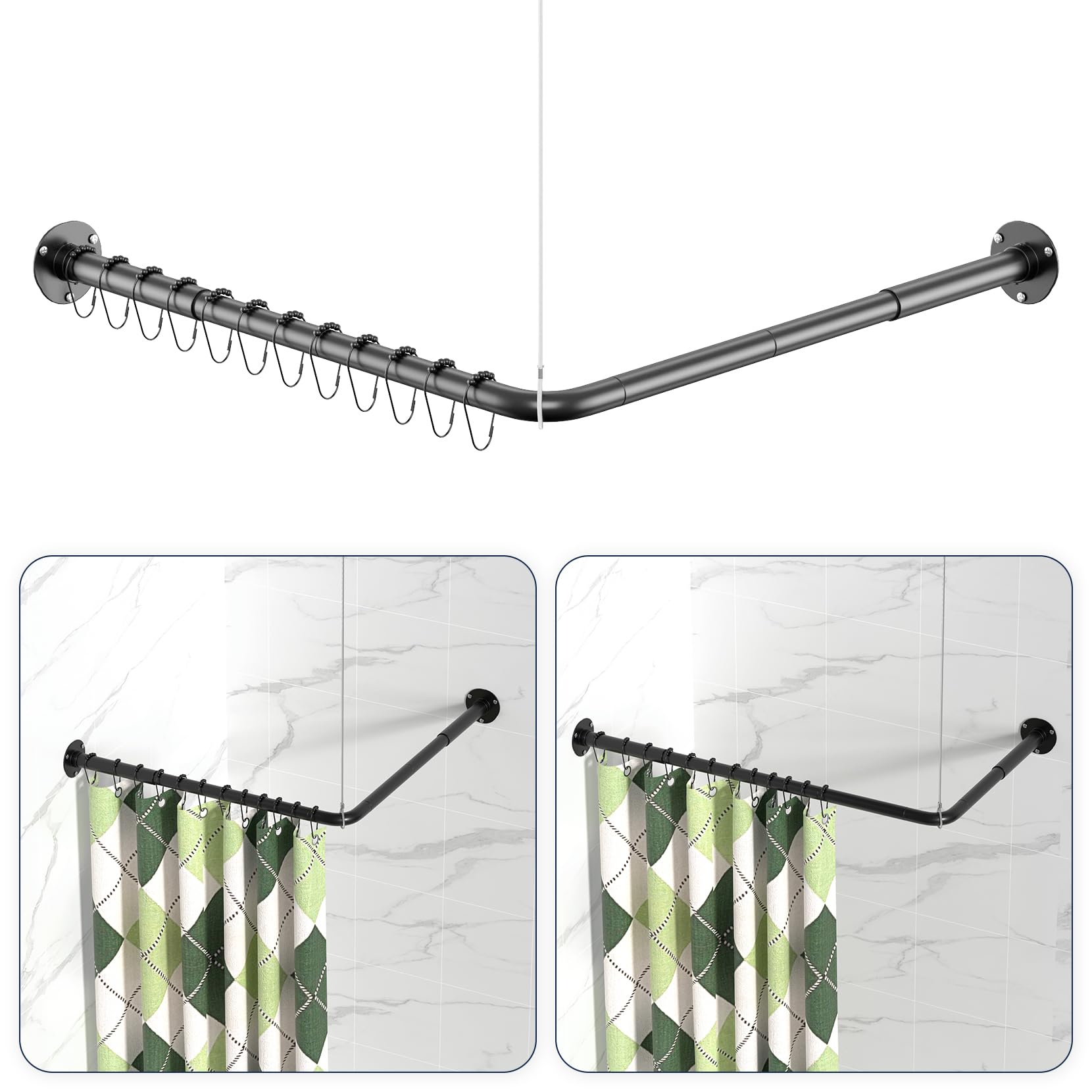 YASONIC L-shaped shower rod in black for corner showers.