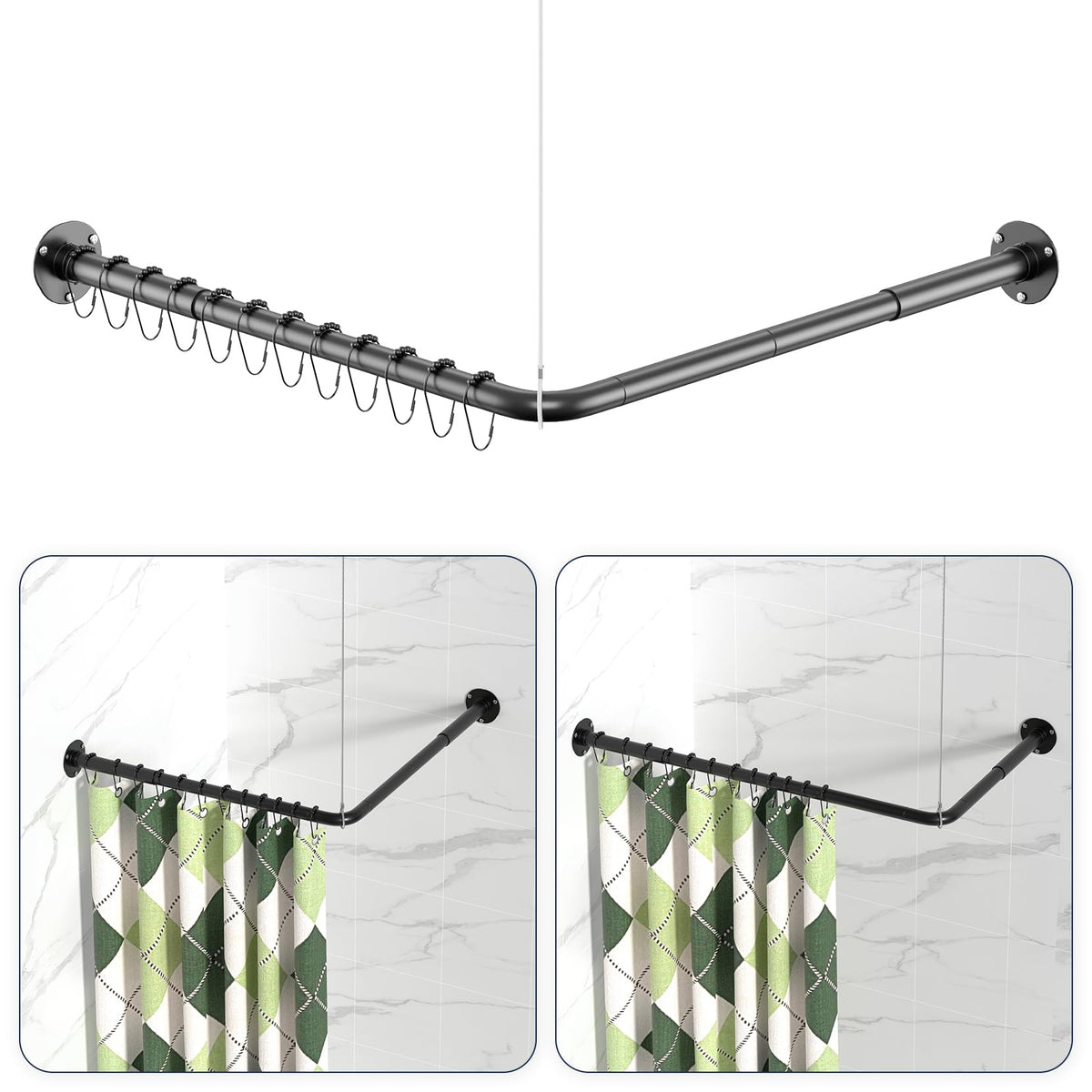 YASONIC L-shaped shower rod in black for corner showers.