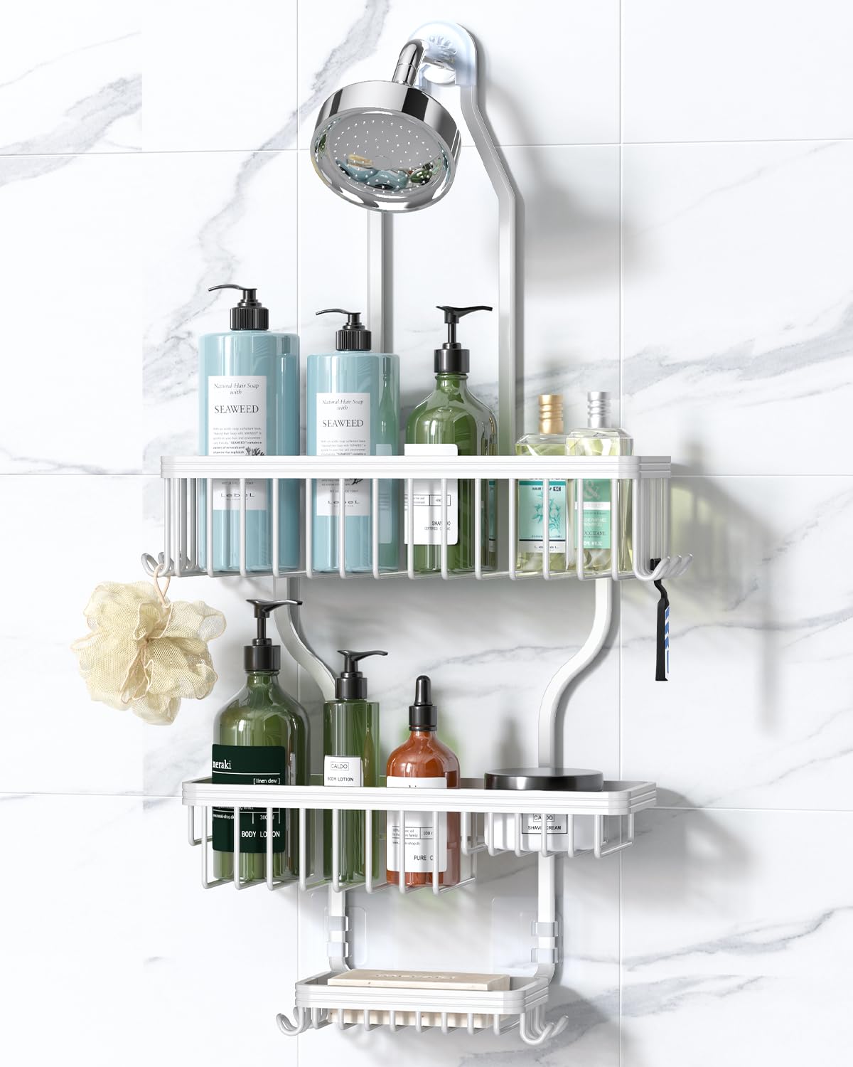 YASONIC never-rust aluminum hanging shower caddy over-the-showerhead keeps toiletries neatly organized