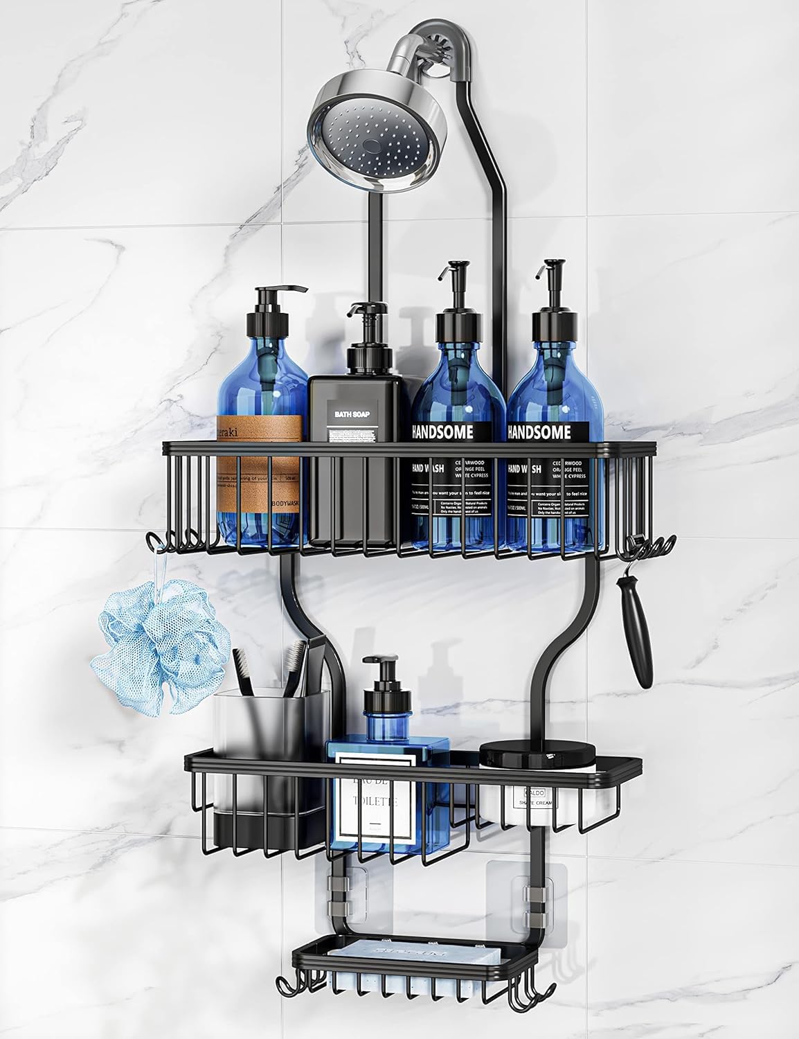 YASONIC never-rust aluminum caddy over the shower head for organized storage.