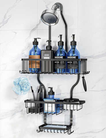 YASONIC never-rust aluminum caddy over the shower head for organized storage.