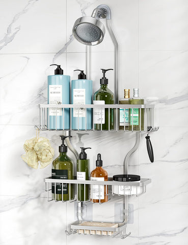 YASONIC never-rust aluminum shower caddy over the showerhead with organized toiletries