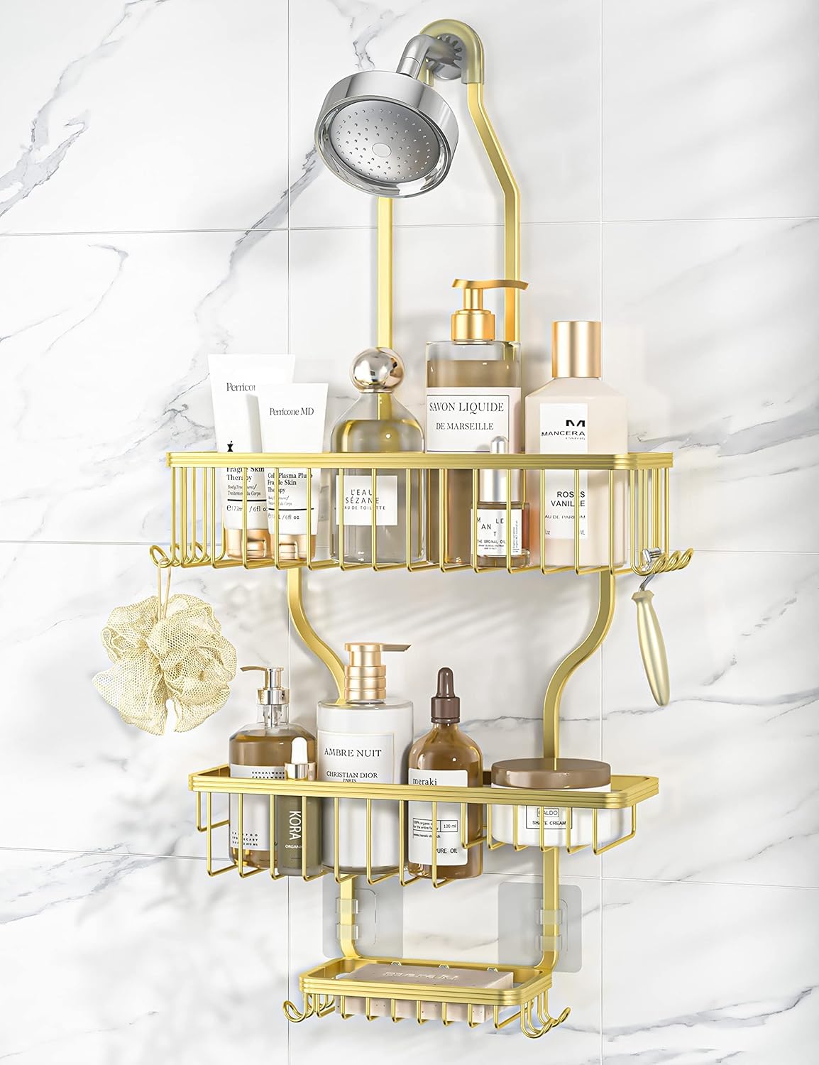 YASONIC never-rust aluminum shower caddy over-the-showerhead in gold keeps toiletries organized.