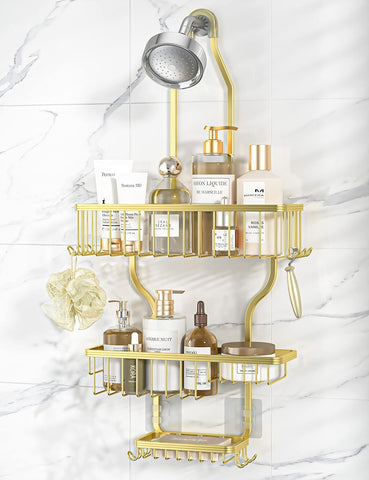 YASONIC never-rust aluminum shower caddy over-the-showerhead in gold keeps toiletries organized.