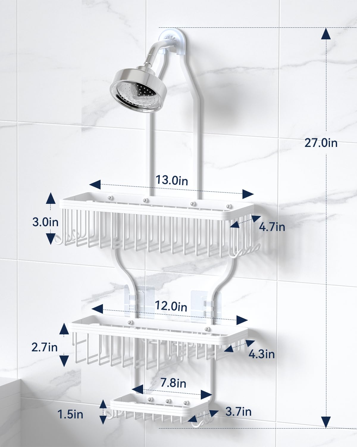YASONIC over-shower-head hanger design maximizes storage height for tall bottles