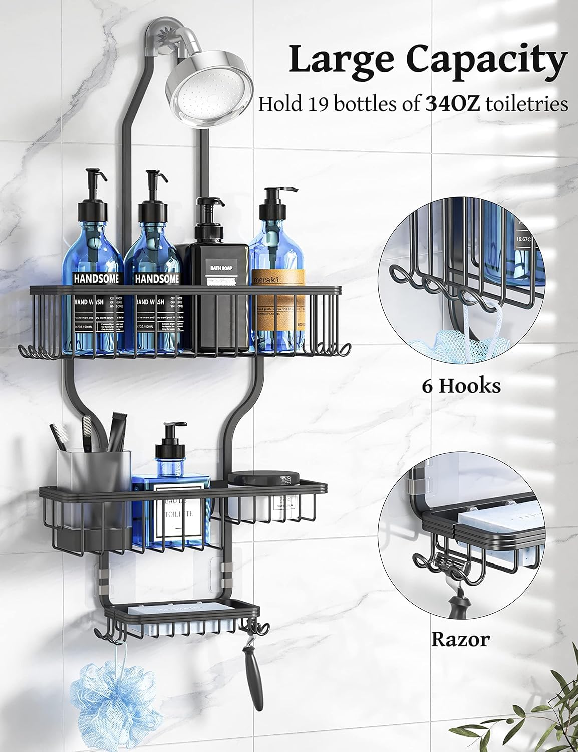 YASONIC over-the-showerhead organizer with 10 hooks for razors and sponges.