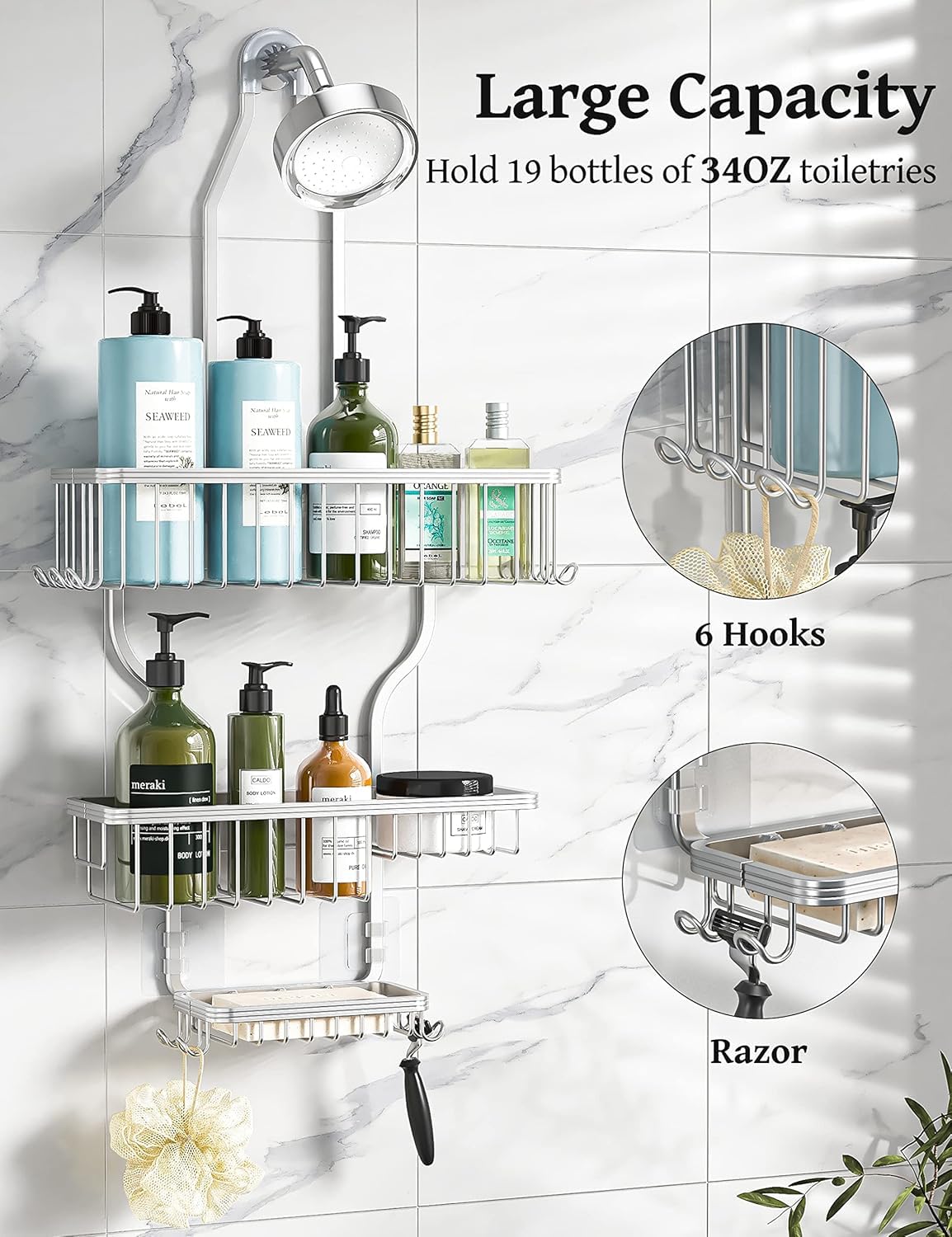 YASONIC over-the-showerhead organizer displaying 3 baskets for bottles and towels