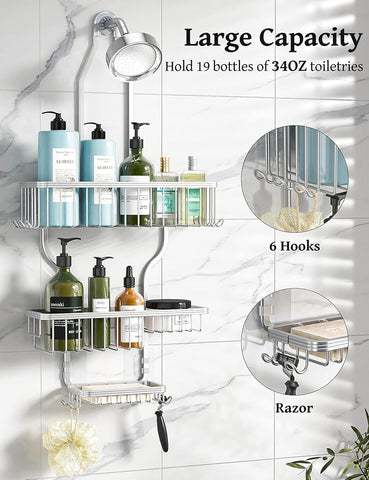 YASONIC over-the-showerhead organizer displaying 3 baskets for bottles and towels