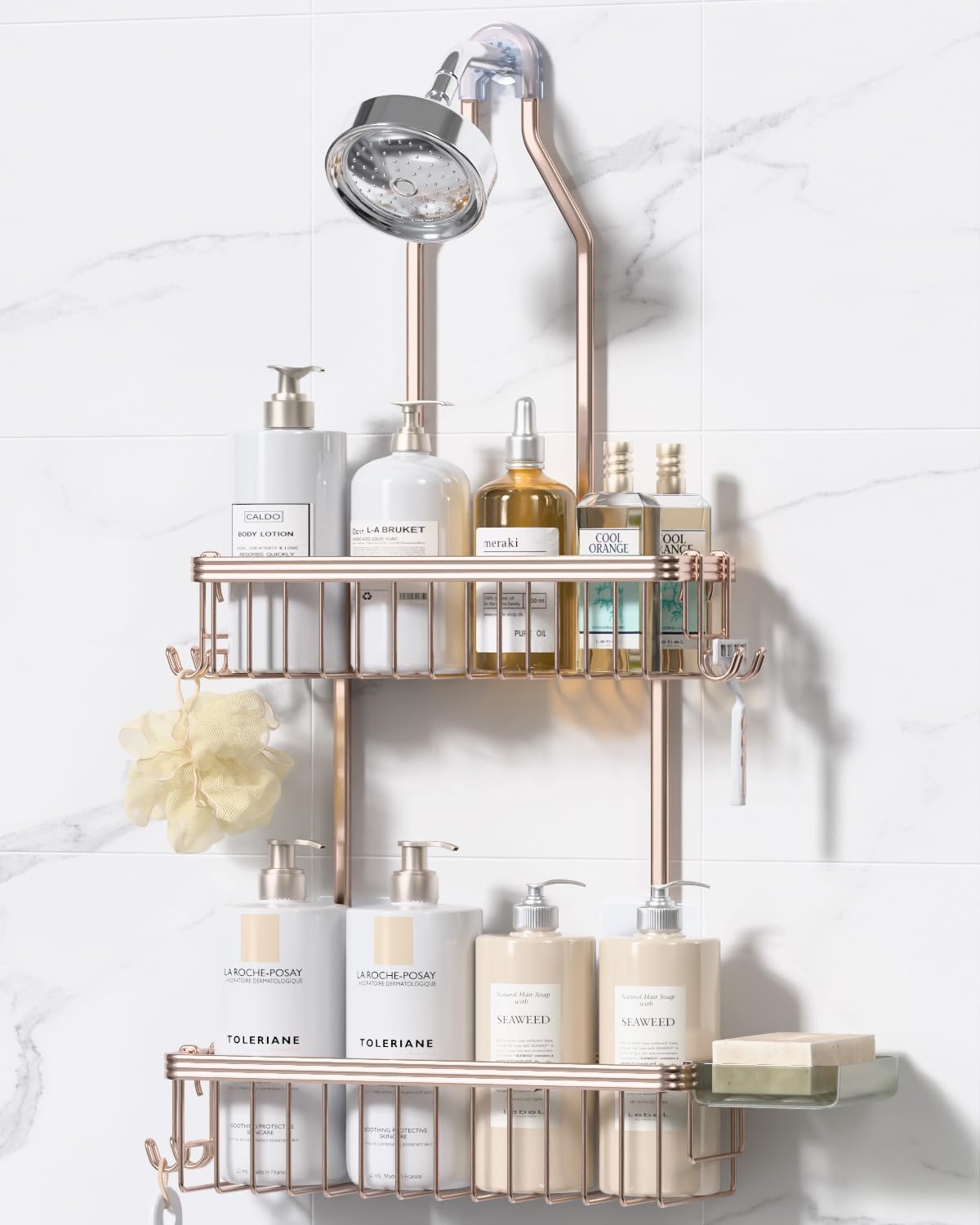 YASONIC shower caddy with 2-tier baskets for organized bathroom storage.