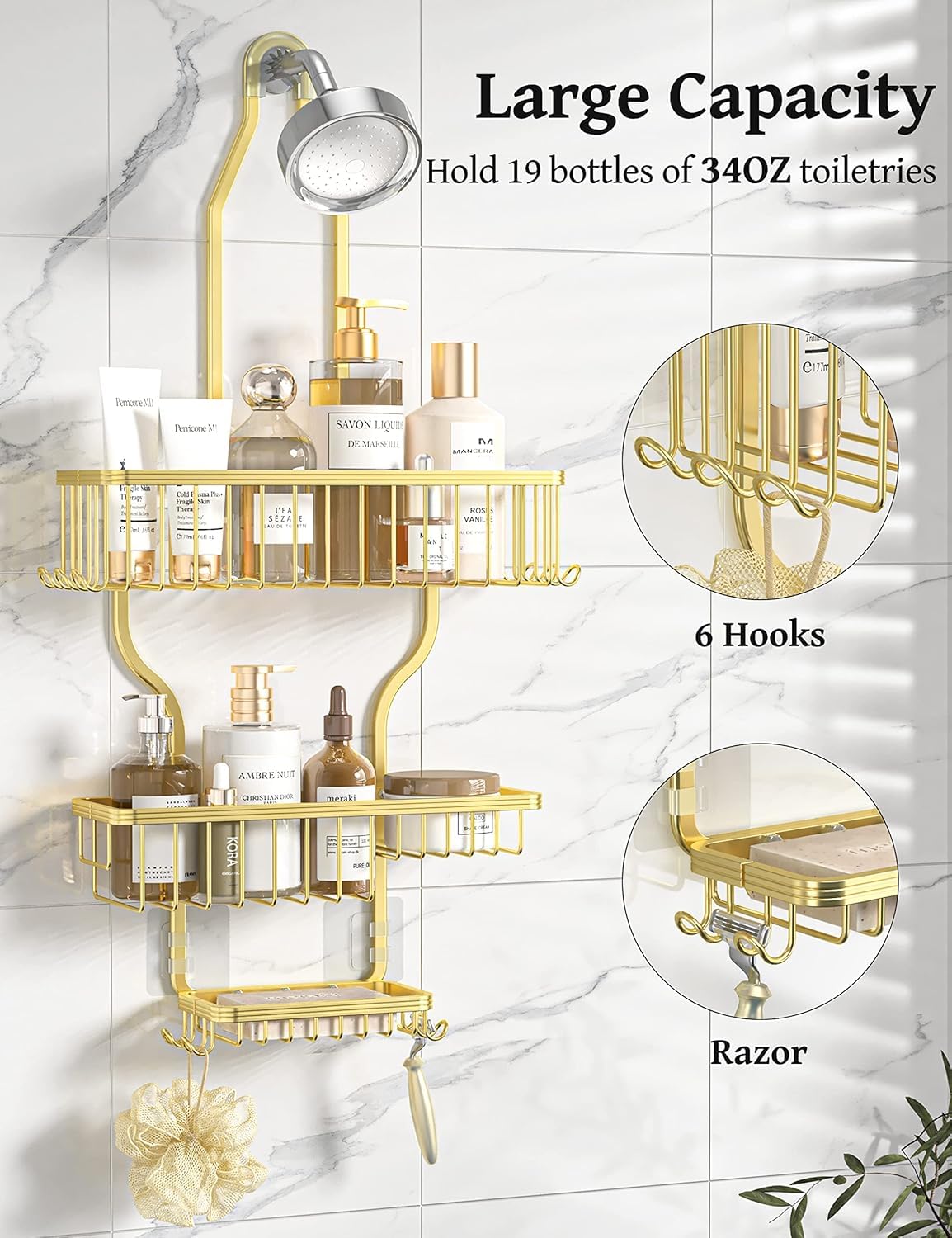 Gold-finish YASONIC caddy shows three baskets and ten hooks for easy storage.