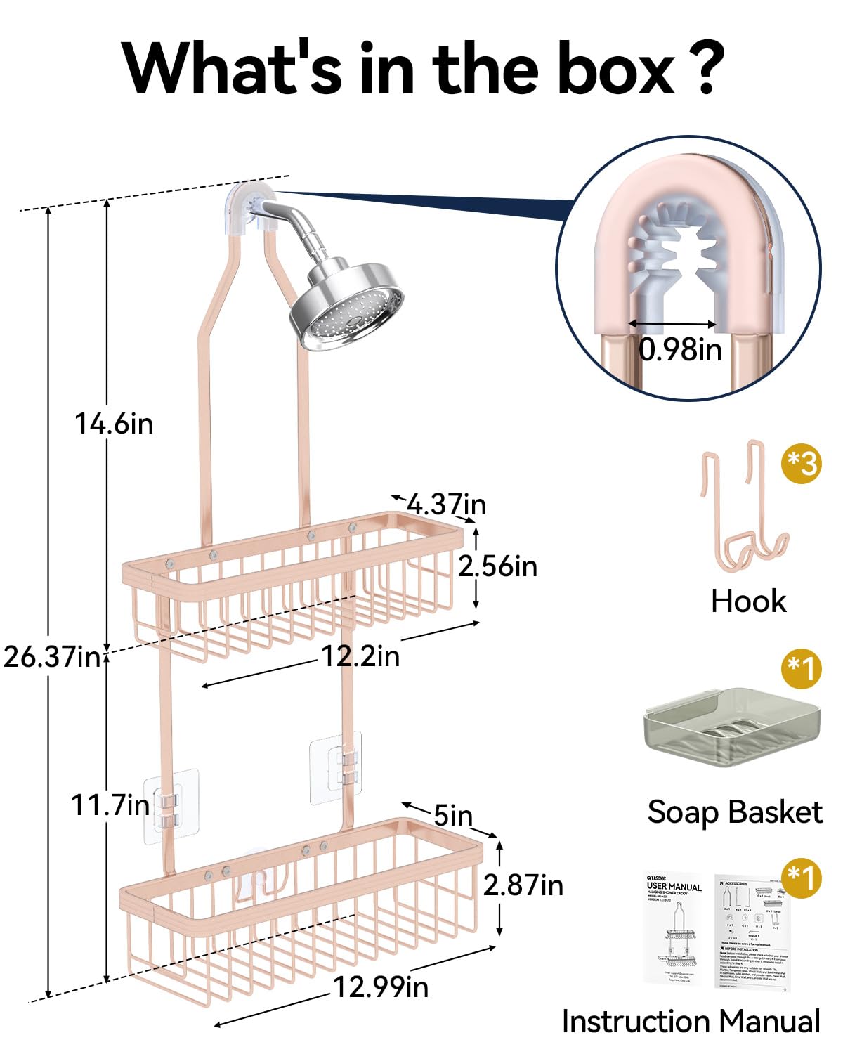 YASONIC caddy with 3 removable hooks for razors and loofahs.