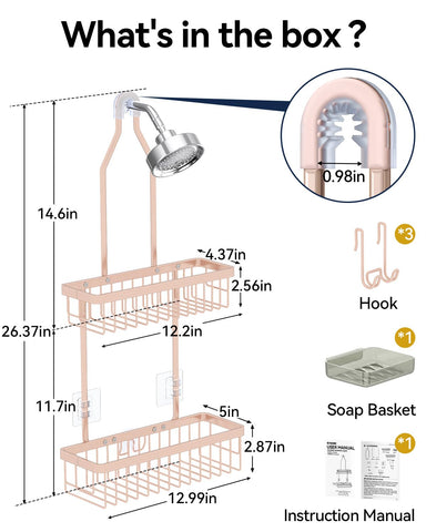 YASONIC caddy with 3 removable hooks for razors and loofahs.