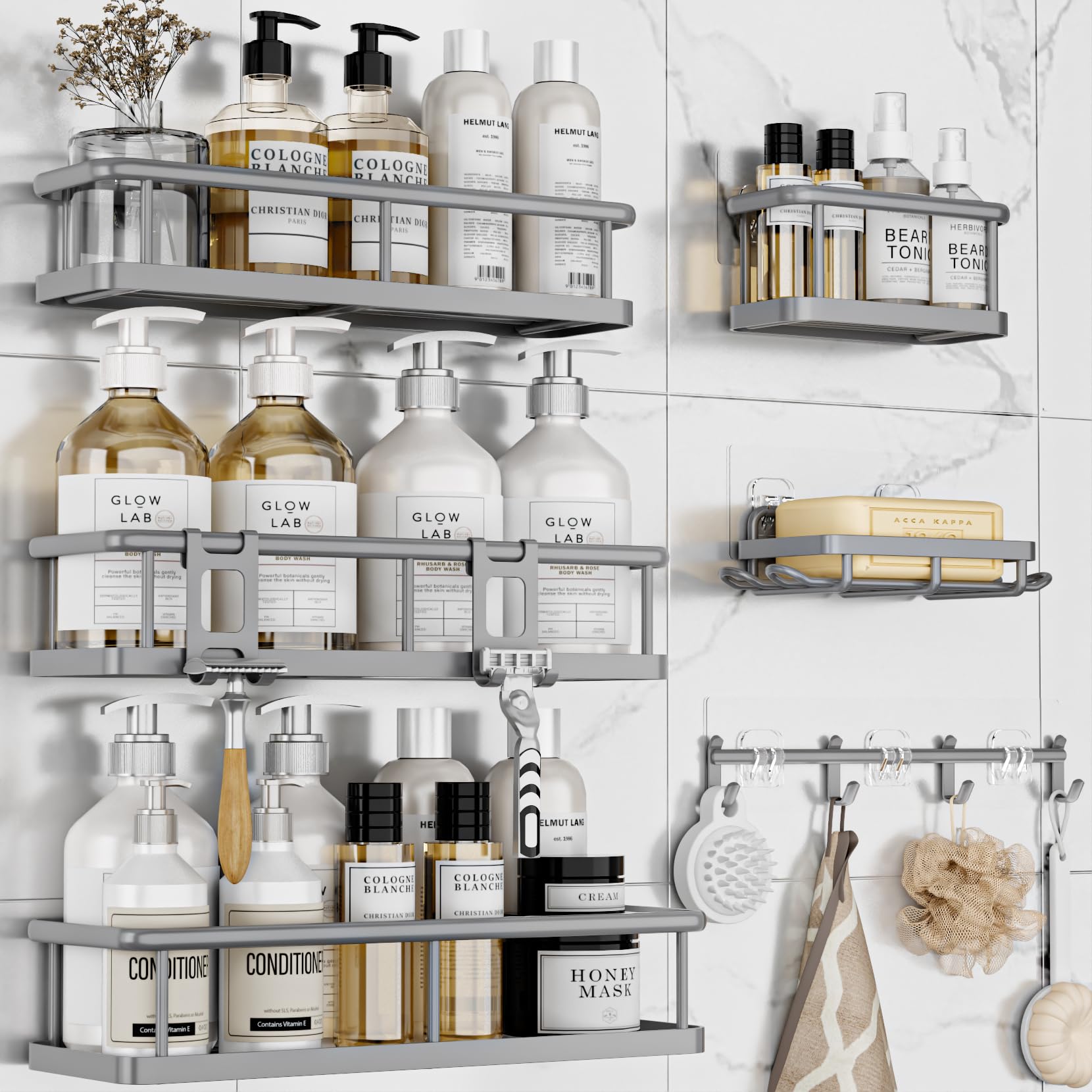 Yasonic shower caddy 6-pack large capacity keeps bath essentials organized inside the shower.