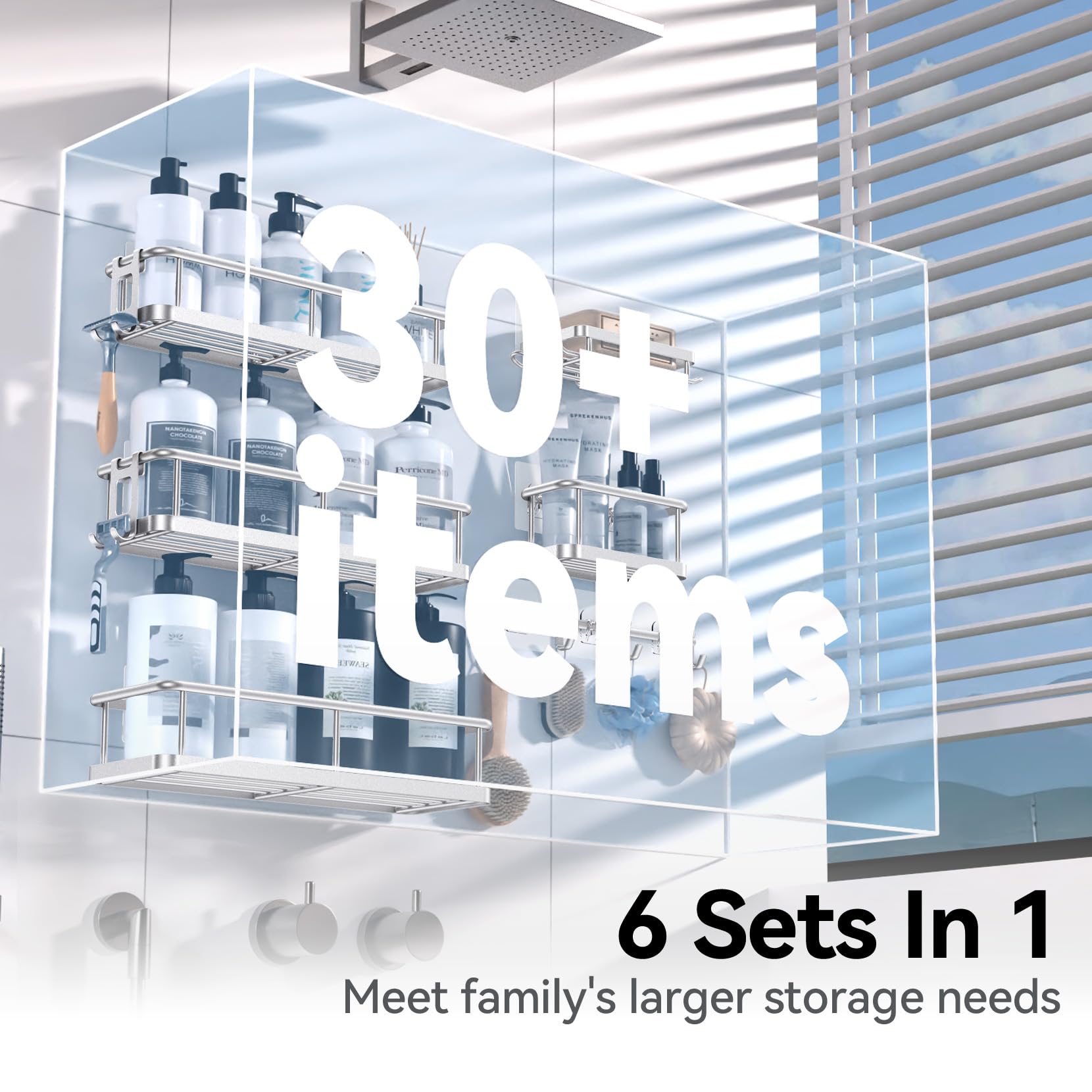 YASONIC Shower Caddy 6-Pack in bathroom demonstrates space-saving organization
