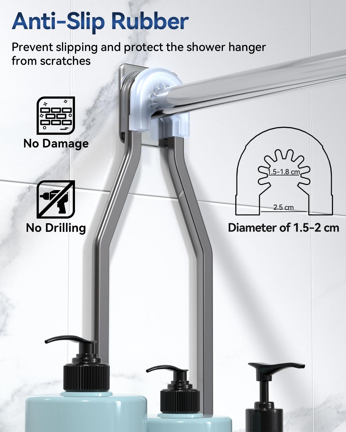 Rust-resistant aluminum keeps the caddy durable in wet bathroom environments.
