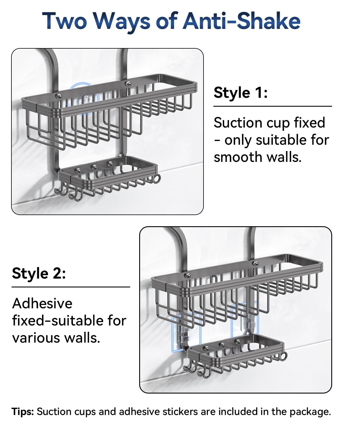 Anti-slip top with suction cup and adhesive stabilizes the unit.