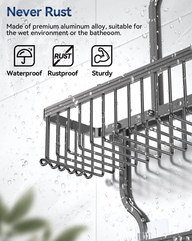 Bottom soap basket drains water, helping soap dry after showers.