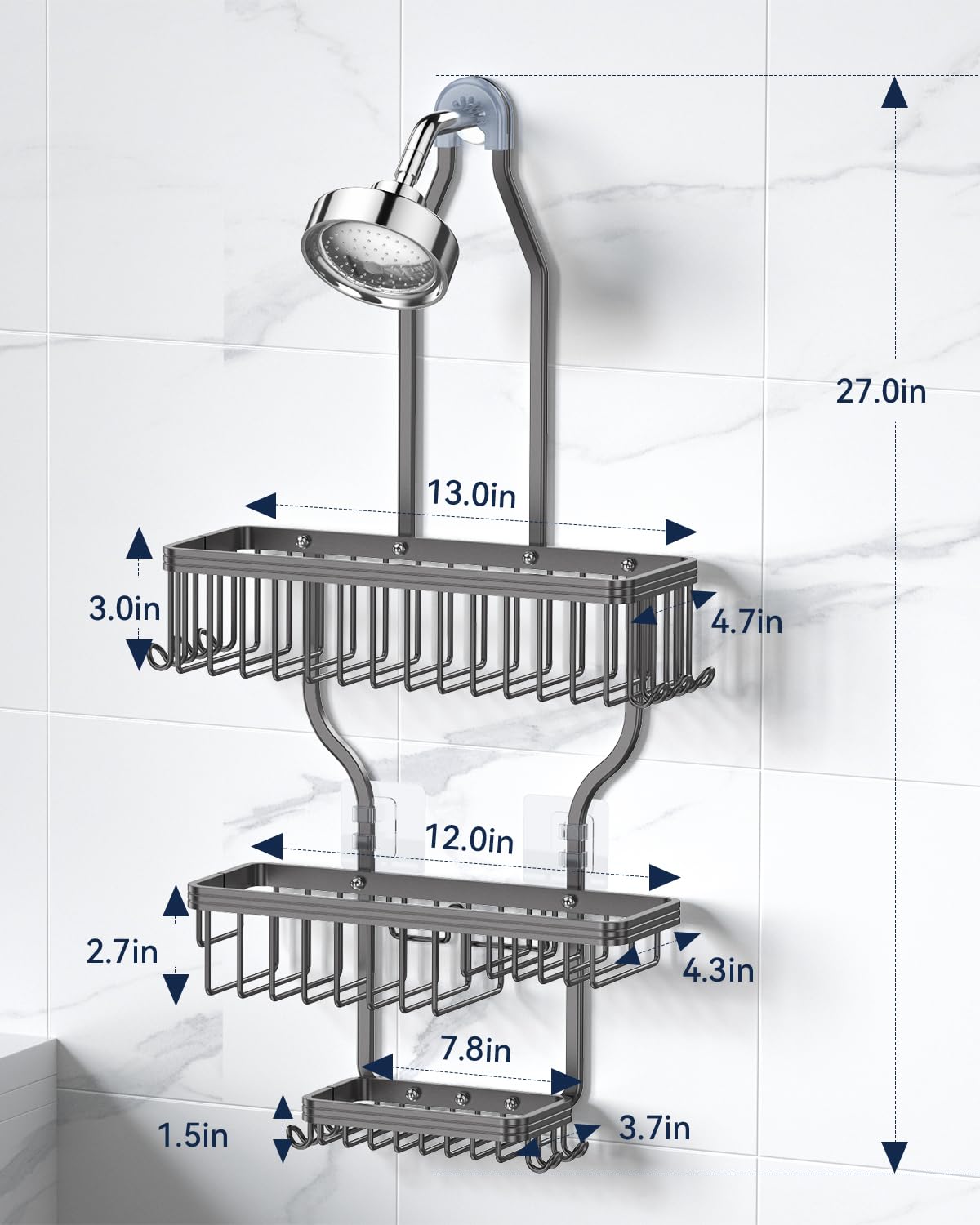 Dimensions 13x5x27.5 inches suit many showers.