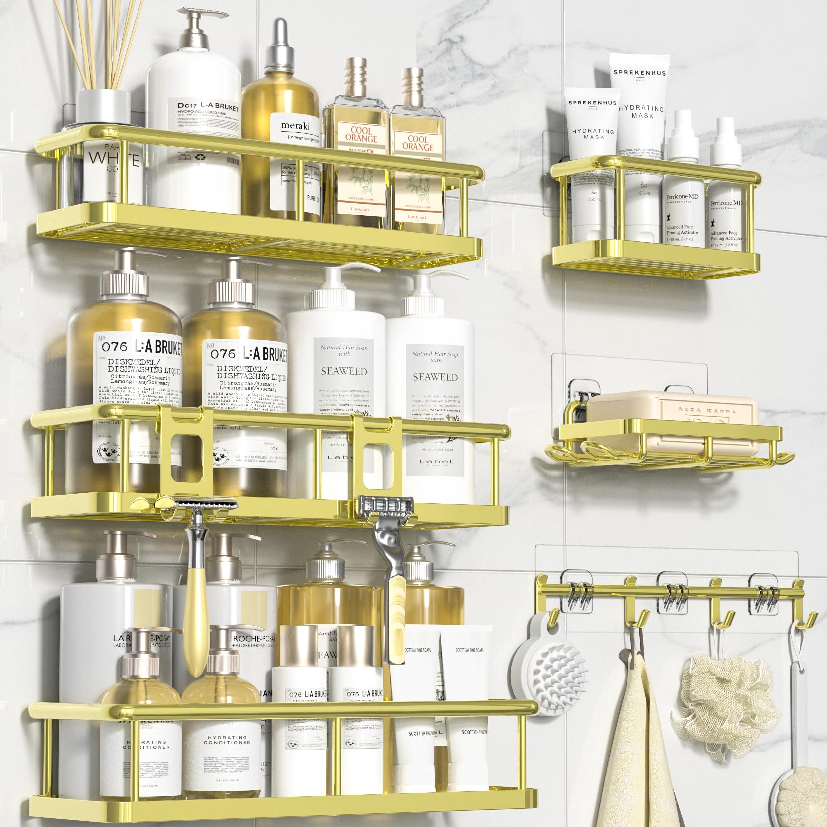 YASONIC gold-finish shower caddy adds elegant touch to bathroom.