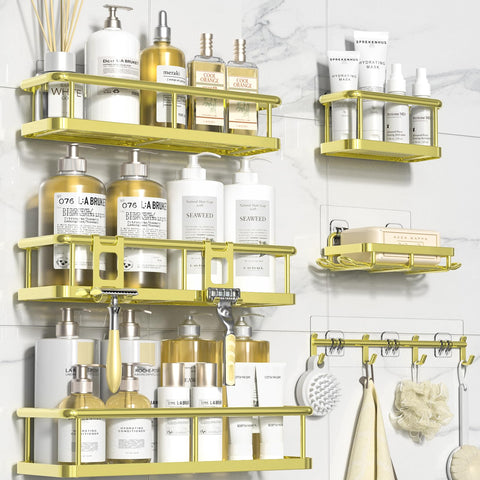 YASONIC gold-finish shower caddy adds elegant touch to bathroom.