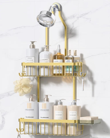 YASONIC shower caddy hanging on shower head with two tiers for organized bath essentials