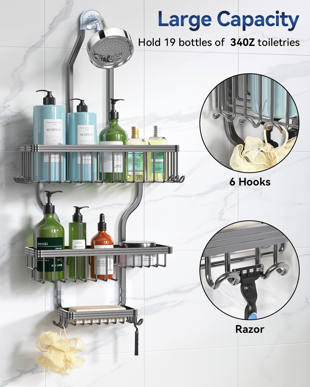 YASONIC aluminum shower shelf stores shampoo and conditioner bottles efficiently.