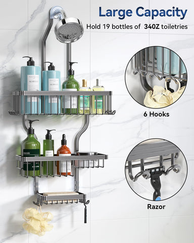 YASONIC aluminum shower shelf stores shampoo and conditioner bottles efficiently.