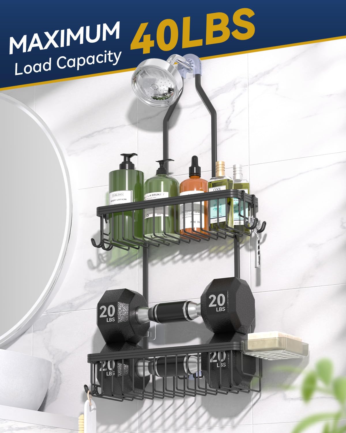 Universal-fit design accommodates most showerheads and tall bottles on the lower shelf.