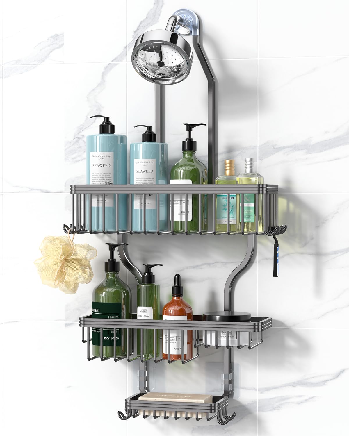 YASONIC shower caddy hanging with three baskets keeps gels and soaps within reach.