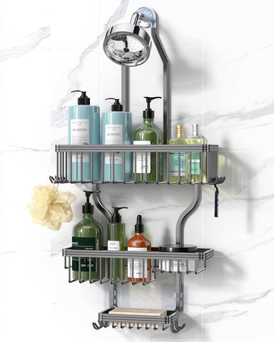 YASONIC shower caddy hanging with three baskets keeps gels and soaps within reach.