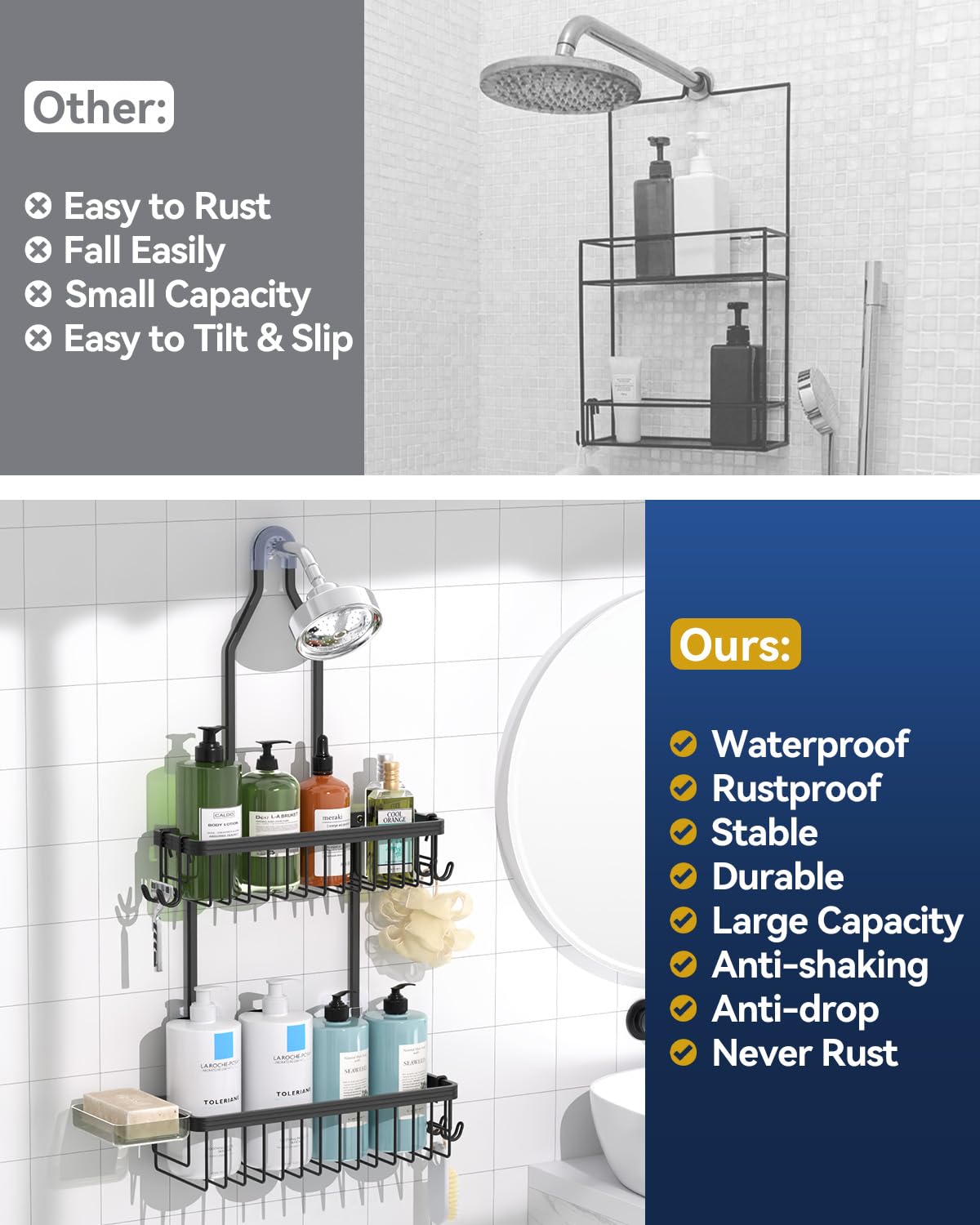 Includes hooks and soap holder for versatile organization.