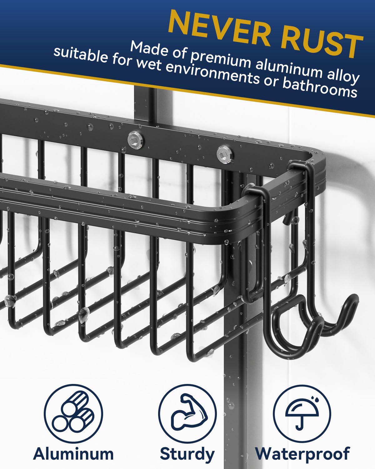 Rust-free aluminum construction designed for long-lasting bathroom use.