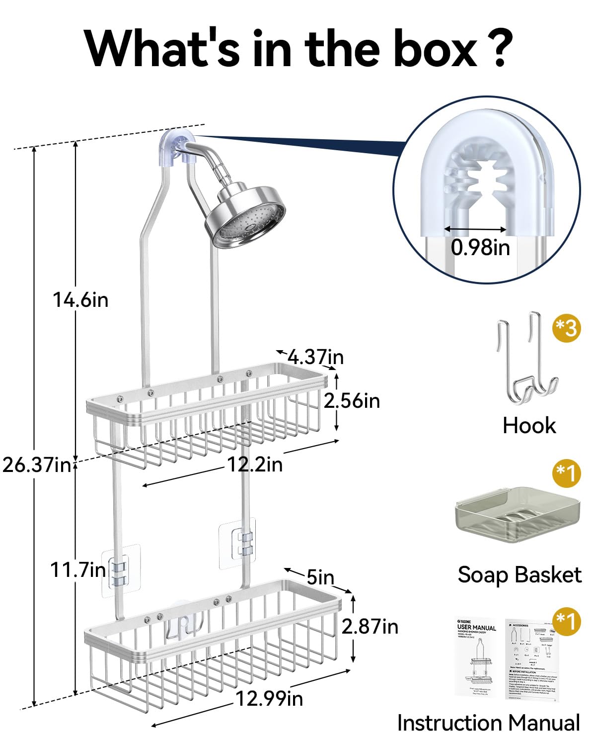 YASONIC shower caddy soap dish and three hooks for versatile storage