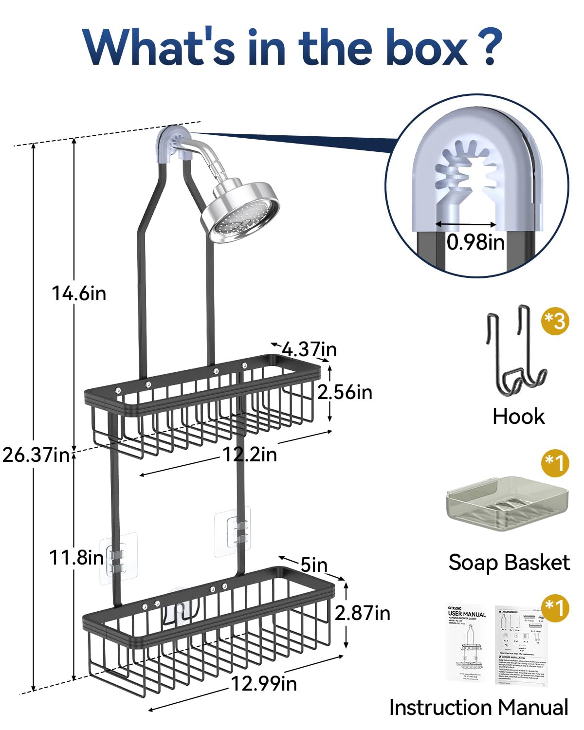 YASONIC caddy top baskets and soap dish for easy access to shower essentials.