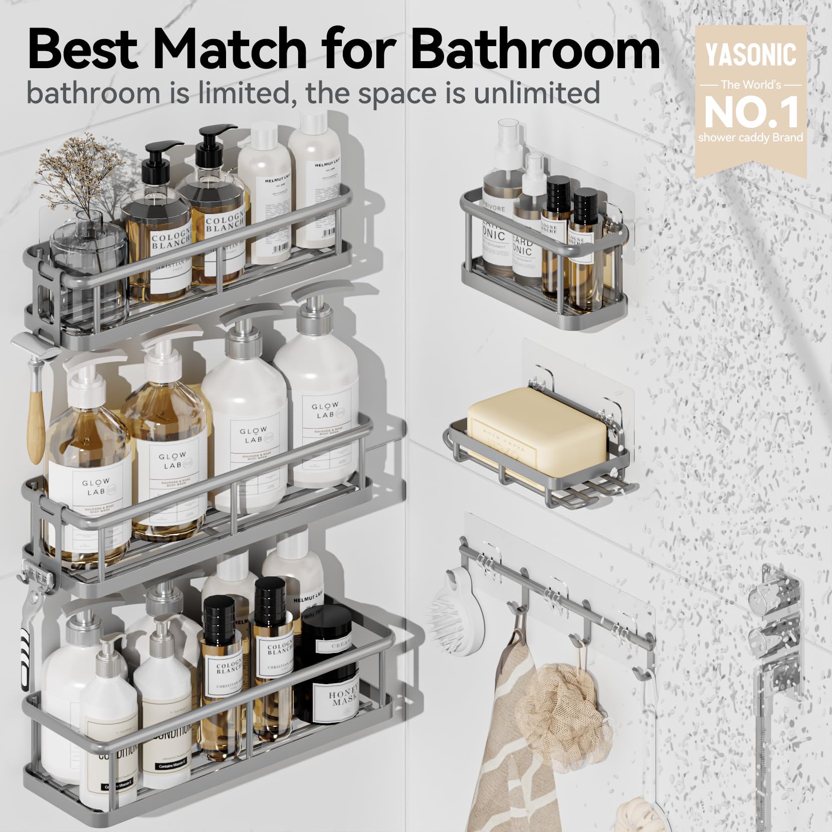 Yasonic large bottle holders store big shampoo and conditioner bottles neatly.