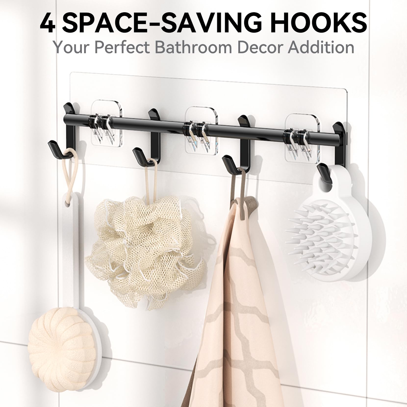 No-drill installation shown, four simple steps for quick, tool-free setup.