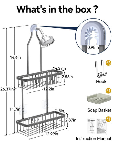 YASONIC shower caddy with removable hooks keeps razors and loofahs accessible.