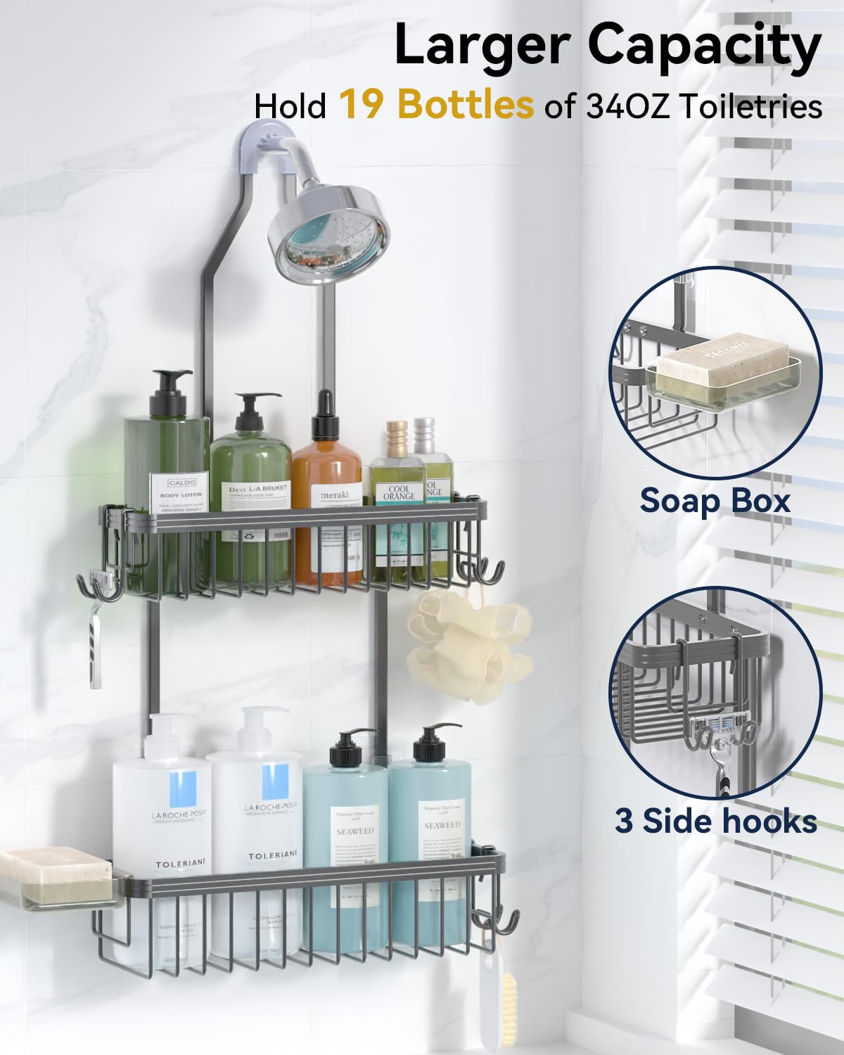 YASONIC aluminum shower rack with built-in soap dish for quick cleansing.