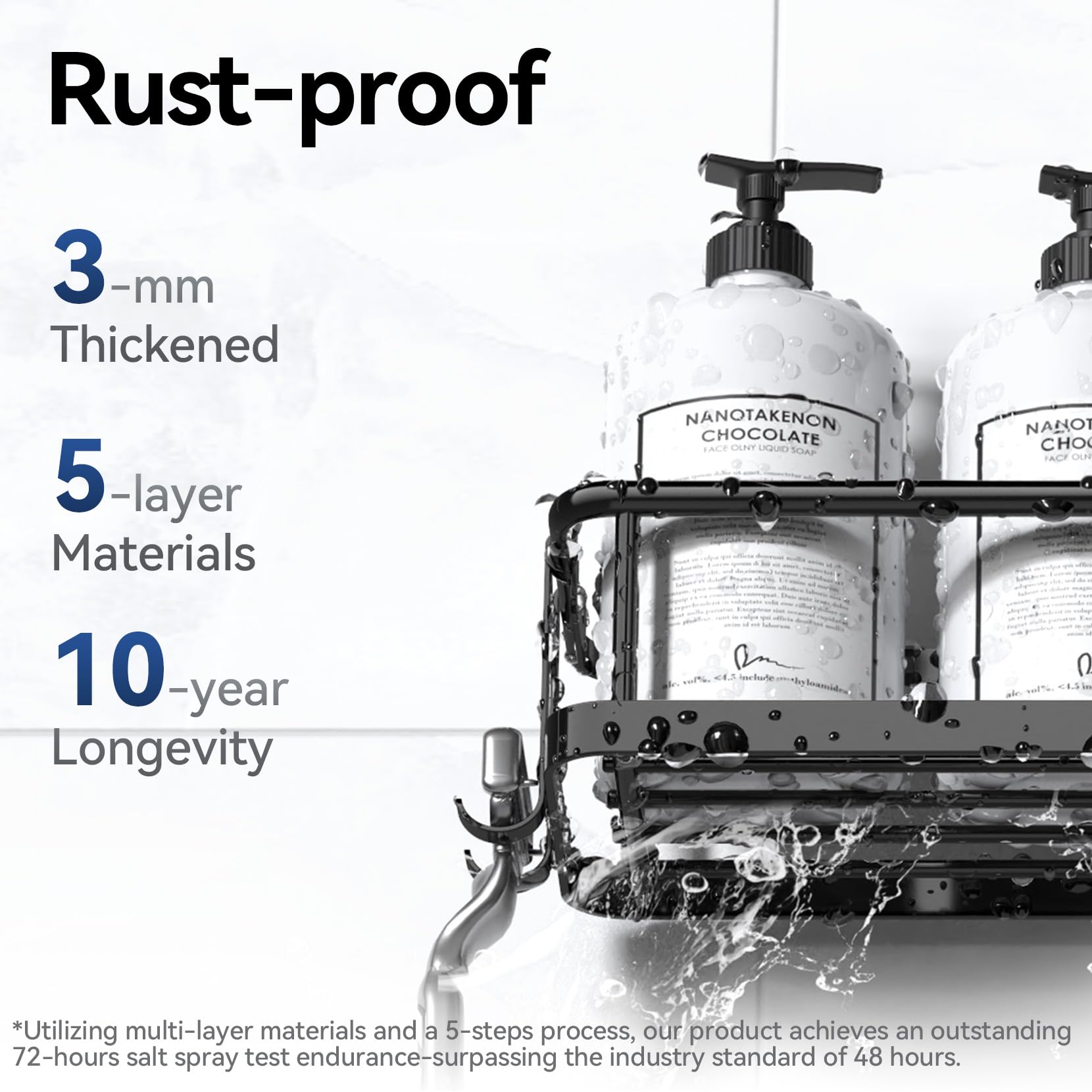 40lb stronghold demonstrated on heavy bottles, emphasizing rock-solid stability in wet bathrooms.