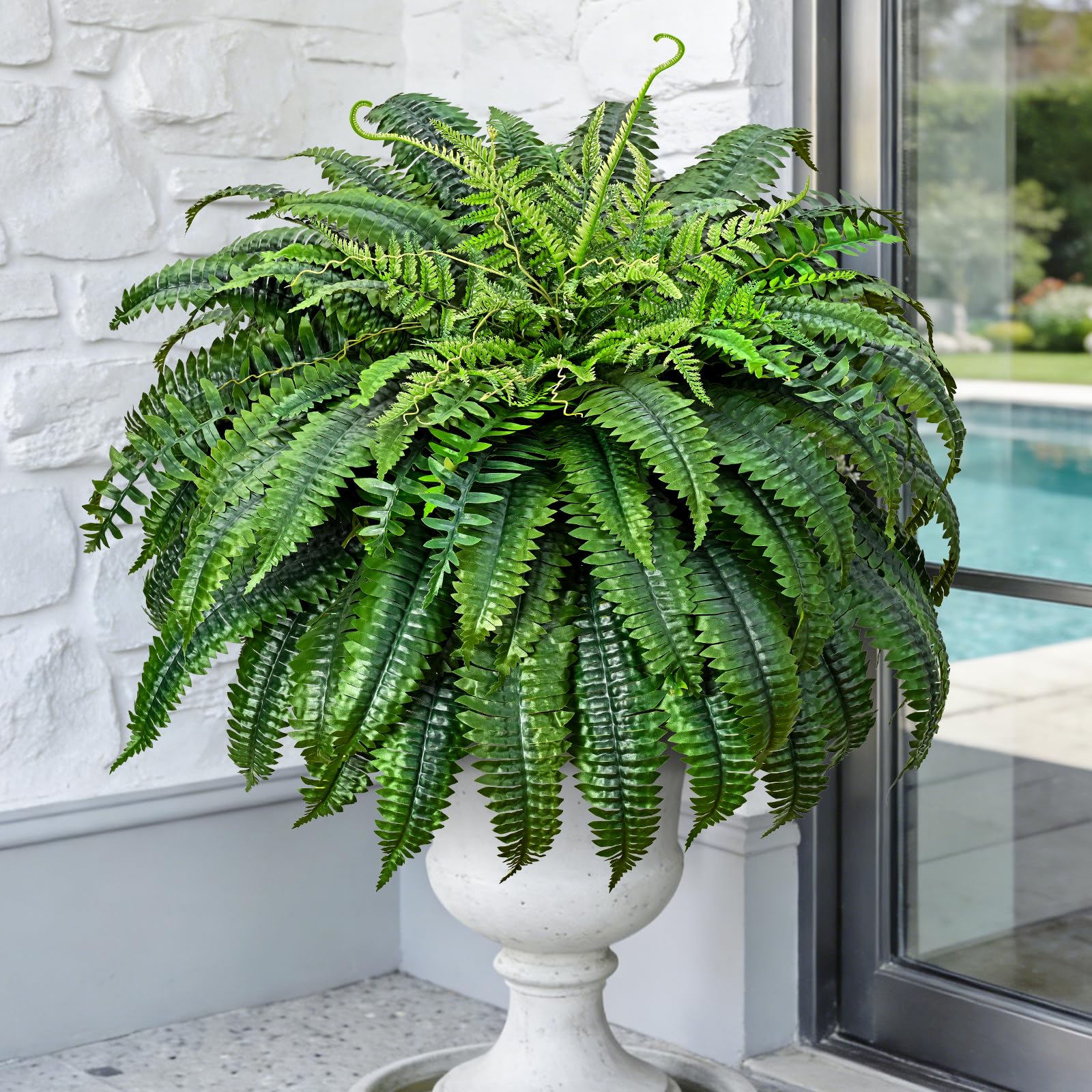Yastouay 48-inch fake ferns with full bush for outdoor displays.