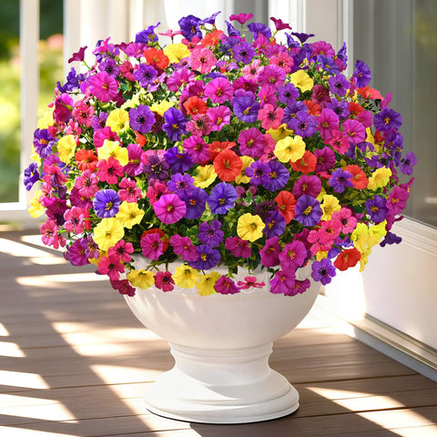 Yastouay outdoor artificial flowers brighten a front porch planter with UV-resistant color.