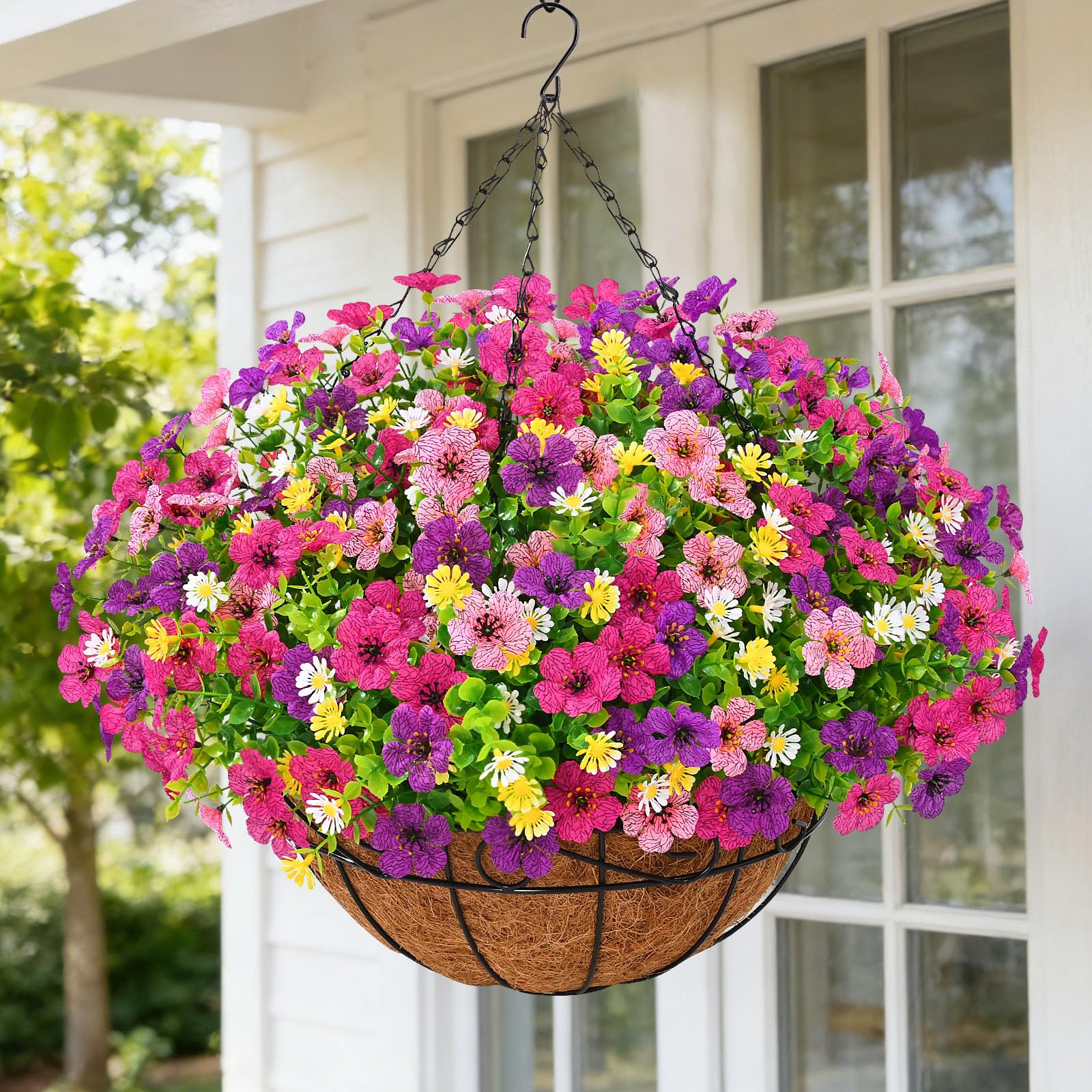 Yastouay artificial hanging flowers in a 12in coconut basket to boost outdoor curb appeal