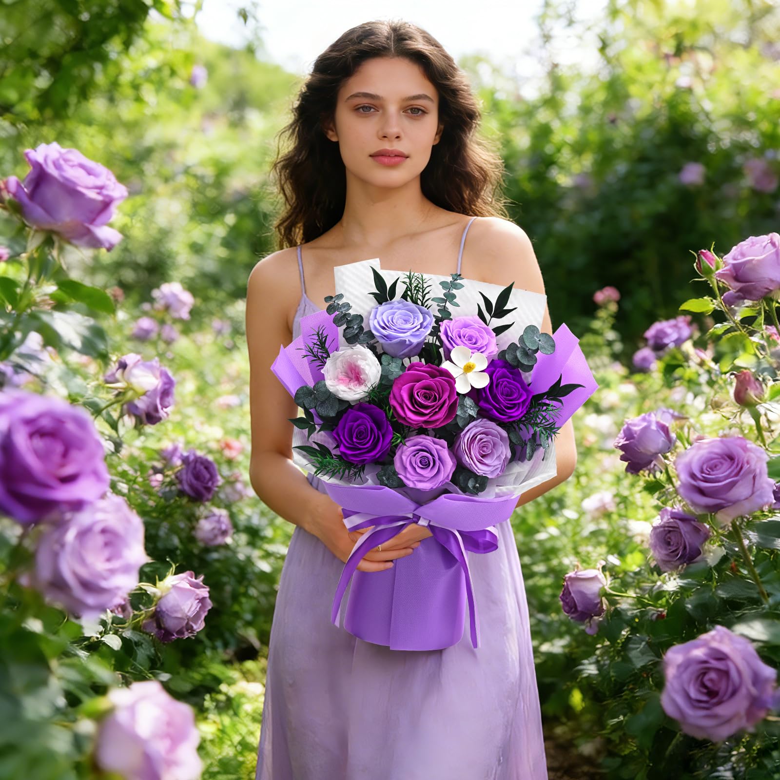 Purple preserved roses with eucalyptus from Yastouay