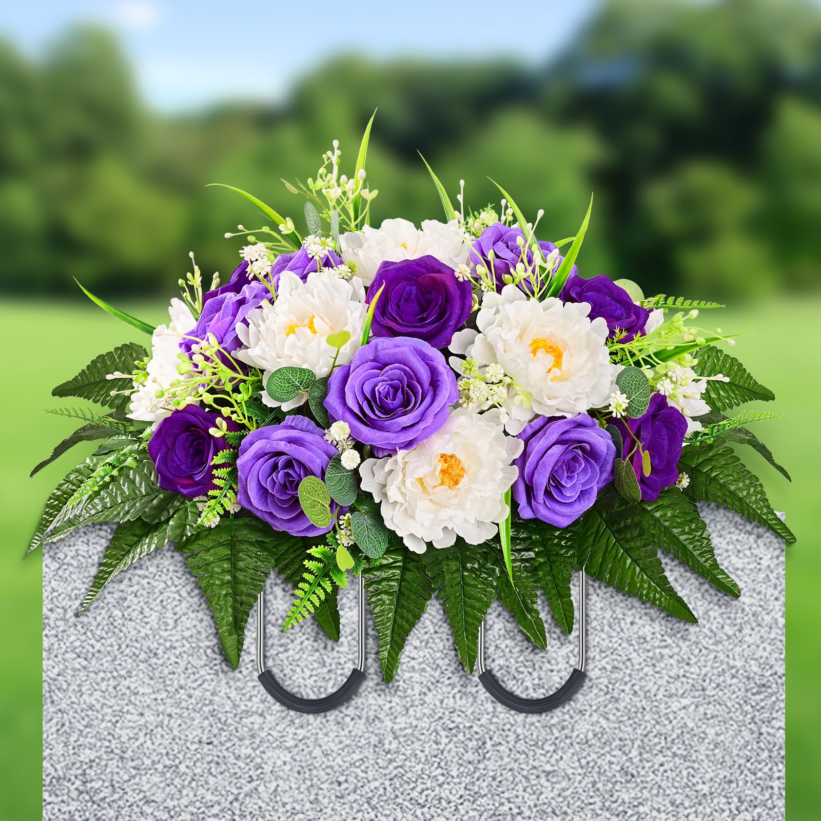 Yastouay headstone saddle with lifelike blooms for a dignified memorial.