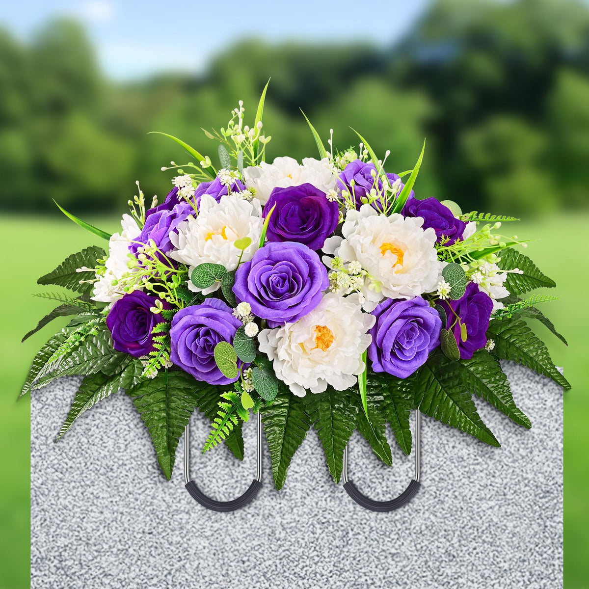 Yastouay headstone saddle with lifelike blooms for a dignified memorial.