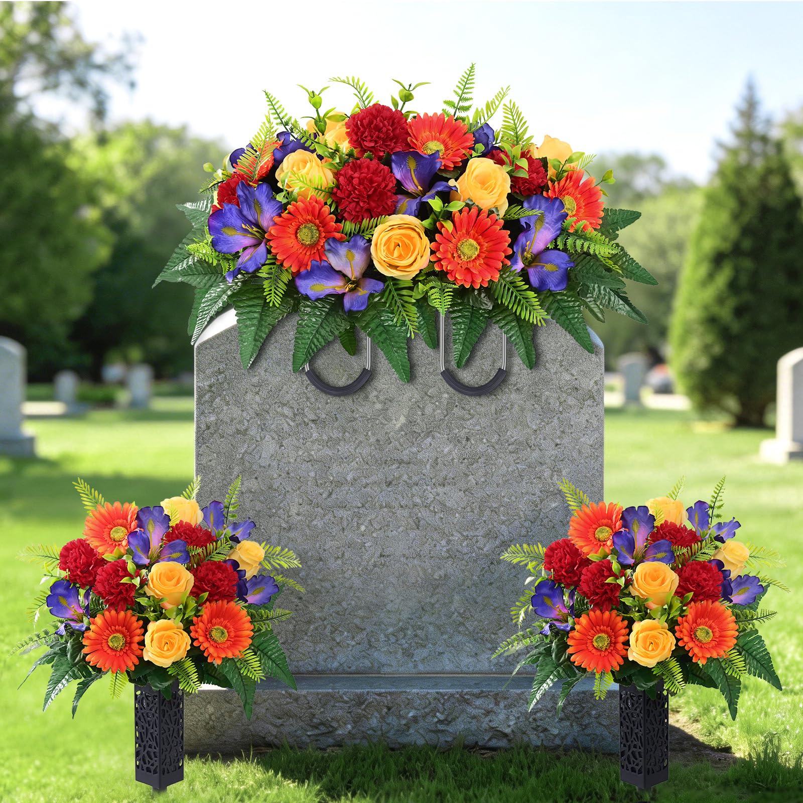 Yastouay headstone saddle display with lifelike blooms for lasting graveside beauty.