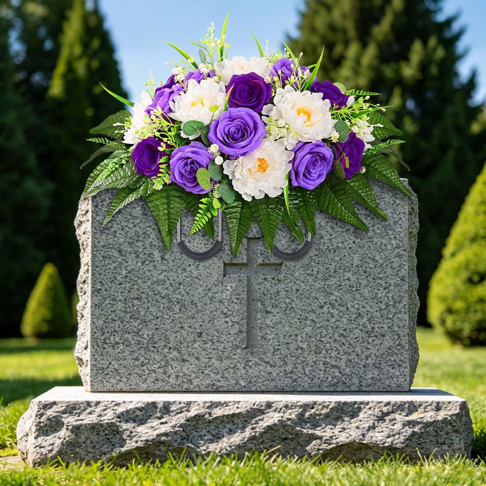 Yastouay headstone bouquet features peony and rose details.