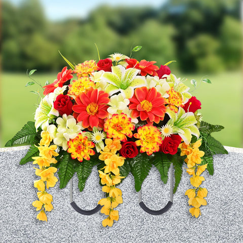 Yastouay headstone saddle with lifelike flowers for a lasting grave tribute.