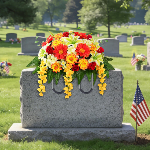 Yastouay lily rose sunflower accents create vibrant, respectful cemetery decor.