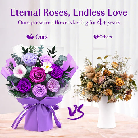 Close-up of Yastouay preserved purple roses with lifelike petals